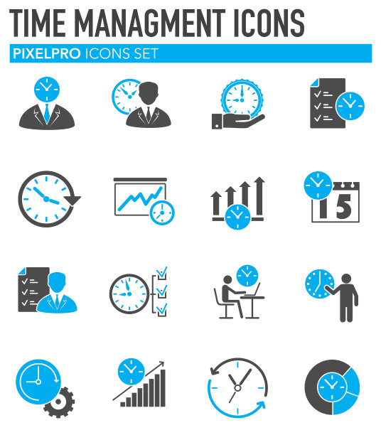 时间管理相关图标设置在平面和网页设计的背景。简单的说明。网站按钮或手机应用的互联网概念符号。图片下载