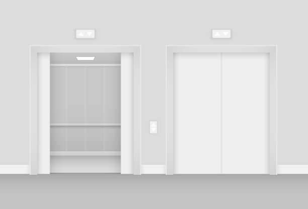 现实的开放和空电梯大厅内部矢量插图。图片下载