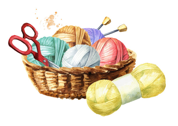 装毛球、剪刀、针织针和纱线的篮子。手工编织的概念。水彩手绘插图，孤立的白色背景图片下载