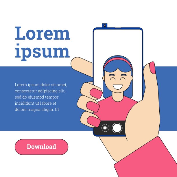 女性用推式自拍相机在现代智能手机上自拍。手机屏幕上的女孩肖像。平面矢量插图的女人自拍在无框智能手机图片下载