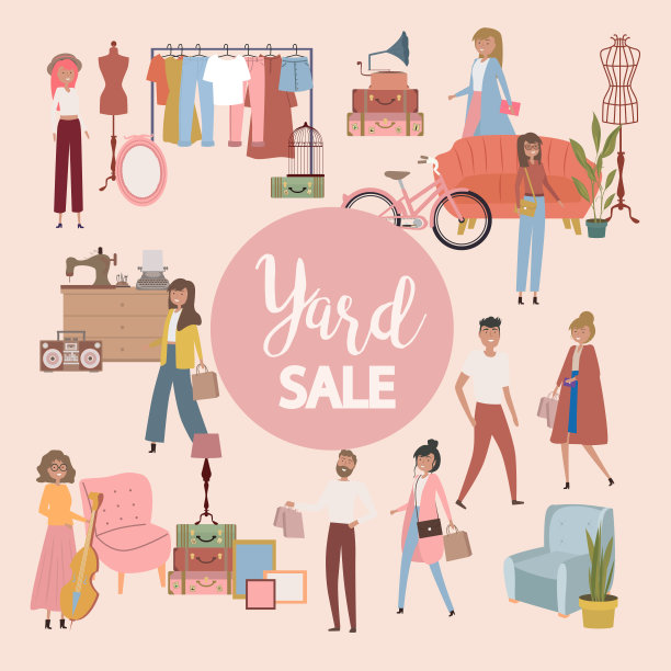 庭院销售海报，人们在步行街，古董家具，衣服和饰品商店出售和购物图片下载