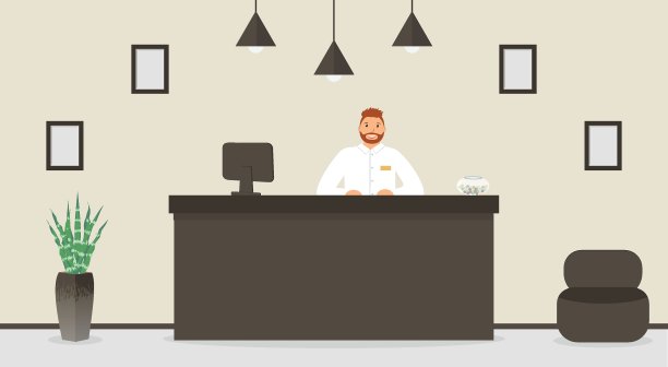 酒店前台，前台在他工作地点后面。候车室，商务办公室大厅，现代化的室内家具，为客户提供扶手椅。矢量图图片下载