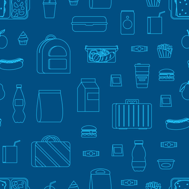 细线颜色学校午餐食品盒无缝图案背景。向量图片下载