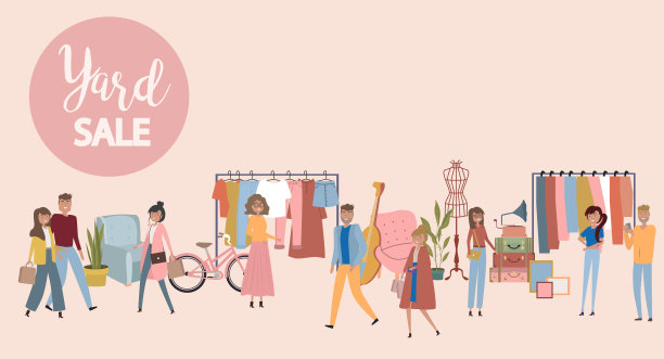 庭院销售海报，人们在步行街，古董家具，衣服和饰品商店出售和购物图片下载