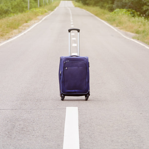 旅行袋上的轮子站在狭窄的道路中间图片下载