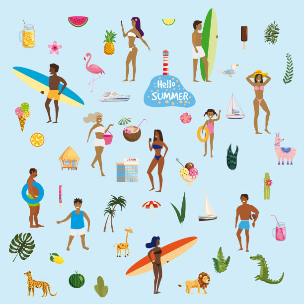 暑假。许多人在海滩或海滨放松和进行夏季户外活动-日光浴，散步，携带冲浪板，在大海游泳，海洋。冰淇淋，饮料，奇异的动植物，船。趋势平卡通图片下载
