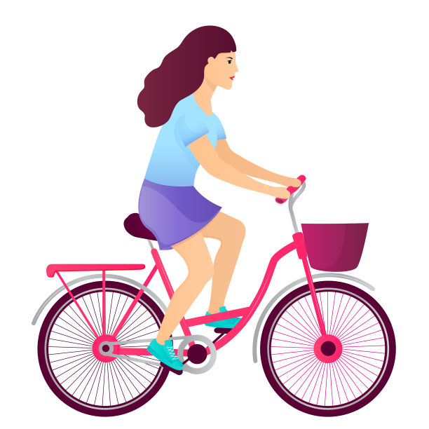 年轻的女孩骑着自行车。自行车矢量孤立在白色背景。图片下载