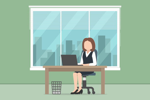 一个白人女人坐在桌边工作。办公室工作。矢量图图片下载