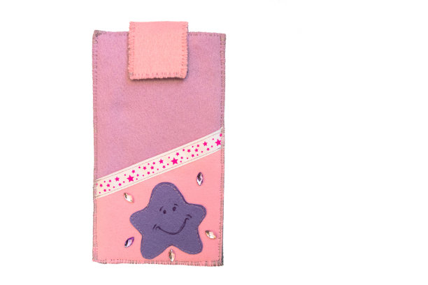 手工手机壳的毛毡与星空丝带。虚构的人物——海星。图片下载