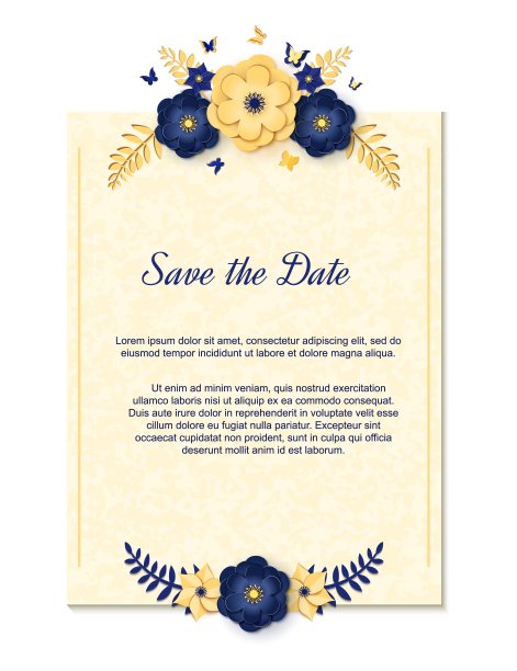 剪纸设计与花卉构成的纸。美丽的背景与纸幻想花装饰在蓝色和金色的颜色。模板问候传单，保存日期卡。矢量图图片下载