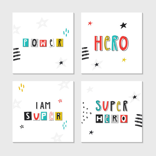超级英雄-收集儿童卡片可爱和有趣的手绘字母。矢量图图片下载