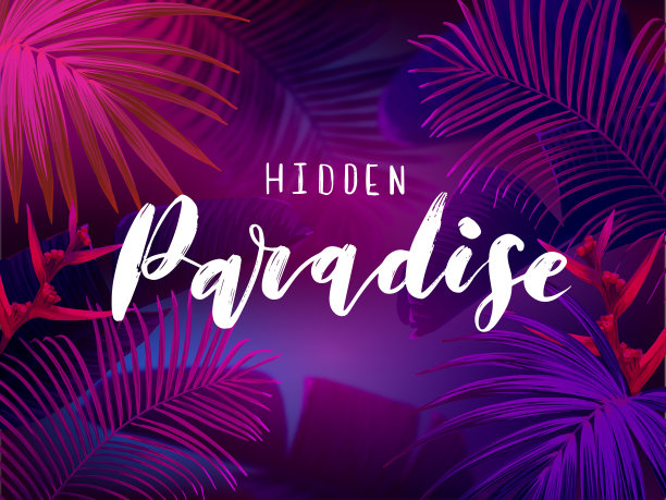 深蓝色和紫色霓虹热带设计与棕榈叶和3d字母。夏夜矢量插图。图片下载