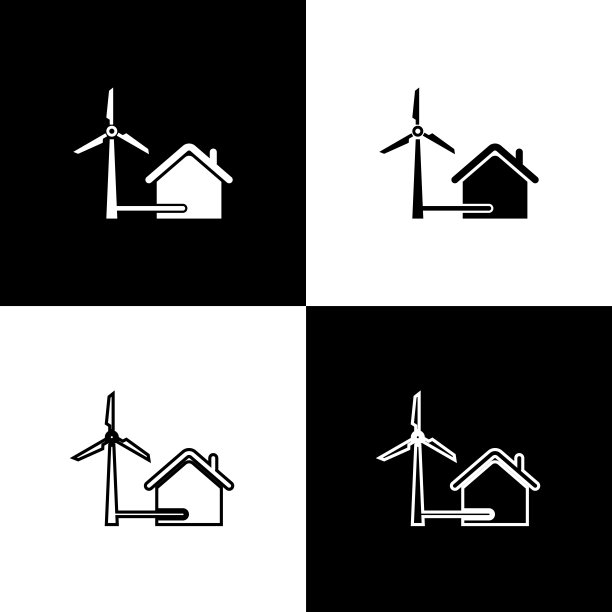 设置房子与风力发电机发电图标孤立的图标孤立在黑色和白色背景。环保的房子。环境保护。矢量图图片下载