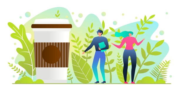 男人和女人站在装满热饮的大杯子旁图片下载