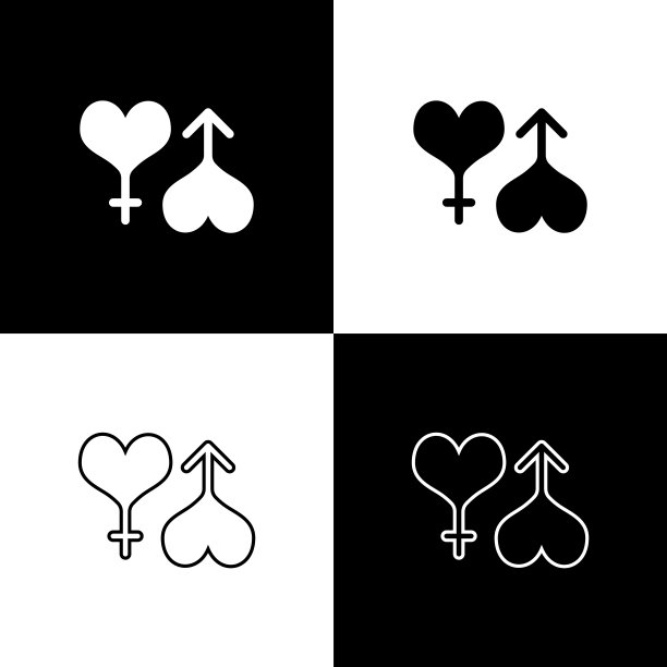 设置男性和女性的象征心图标隔离在黑色和白色的背景。性别符号。矢量图图片下载