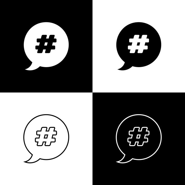 设置Hashtag语音气泡图标孤立的黑白背景。数字符号概念，社交媒体营销，微博。矢量图图片下载