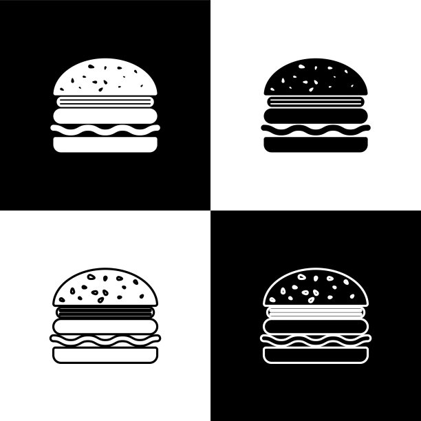 设置汉堡图标孤立的黑色和白色背景。汉堡图标。芝士汉堡三明治的迹象。矢量图图片下载