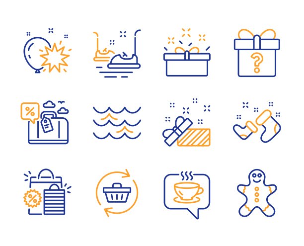 碰碰车，圣诞老人靴子和海浪图标集。气球飞镖，秘密礼物和礼物的标志。向量图片下载