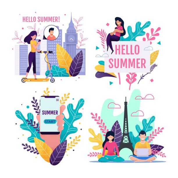 你好夏天，自由职业者和假期卡片集图片下载