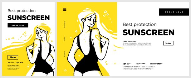 海报和旗帜或登陆页模板防晒防晒化妆品。幸福微笑的女人字上。矢量图图片下载