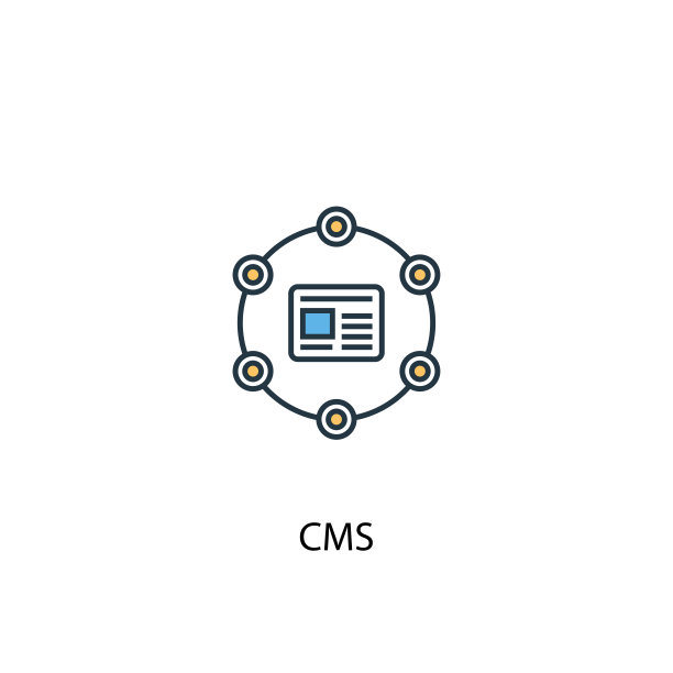 CMS概念双色线条图标。简易黄蓝元素图解。CMS概念轮廓符号设计图片下载
