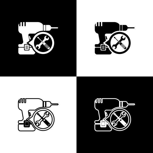 在黑白背景上隔离的带螺丝刀和扳手的钻床图标矢量素材图片下载