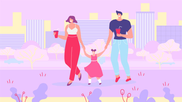 父母和女儿在城市的傍晚散步图片下载