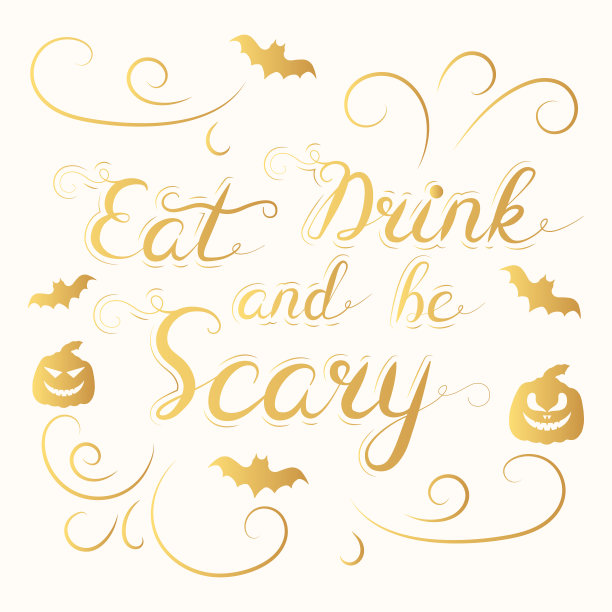 吃，喝，是可怕的黄金短语。万圣节假期引用海报或金色文字横幅。矢量孤立十月书法字母聚会邀请。图片下载