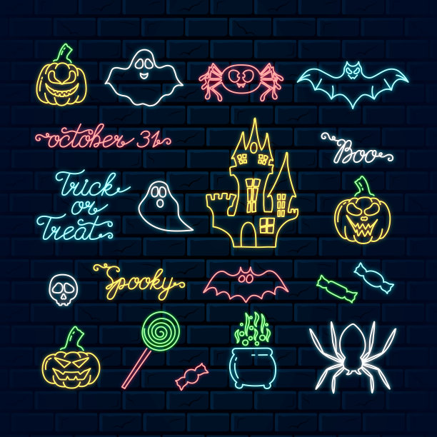 10月31日晚，万圣节的霓虹灯图标包括南瓜、鬼屋、药水、女巫、幽灵、蜘蛛、糖果和蝙蝠。矢量孤立的恐怖发光的迹象。俱乐部邀请节日闪亮元素。图片下载