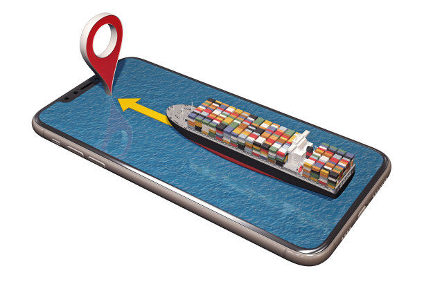 装有装有智能手机的集装箱的货船浮到标记针上图片下载