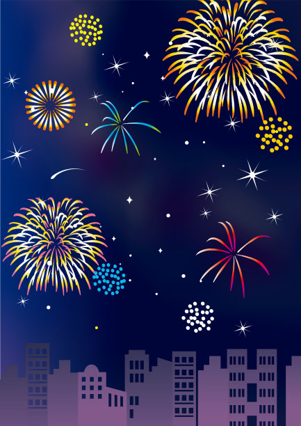 烟花和夏季节日海报在一群建筑物中，夜景。图片下载
