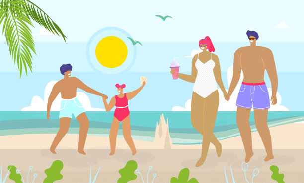 快乐的家庭漫步和在海滩上休息图片下载