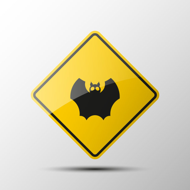 黄色钻石道路标志与黑色边界和形象滑稽卡通蝙蝠在白色的背景。插图图片下载