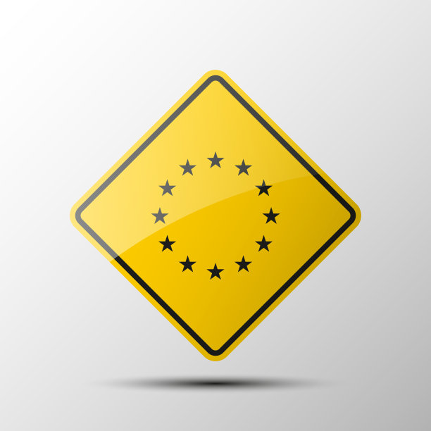 黄色菱形路标，黑色边框，白色背景上的欧洲星星图案。插图图片下载