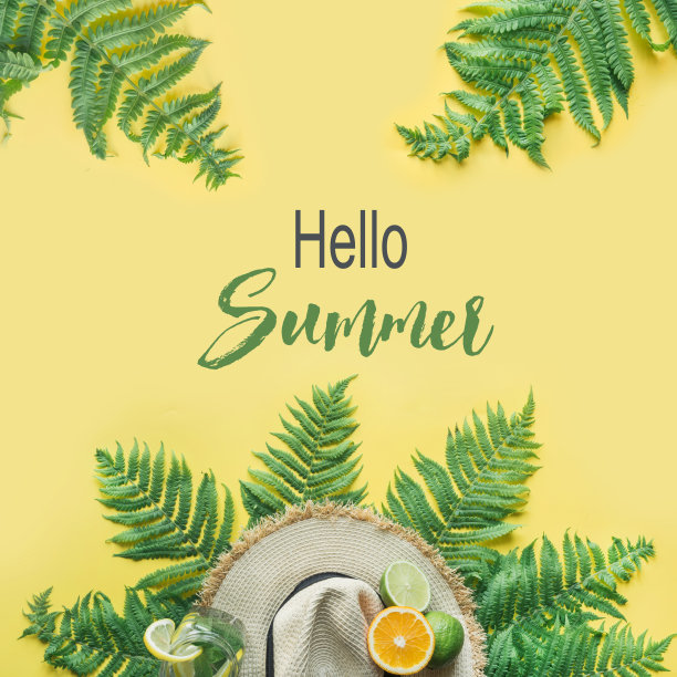 女沙滩草帽，柠檬黄上。前视图。夏天旅游的概念。你好,夏天。图片下载