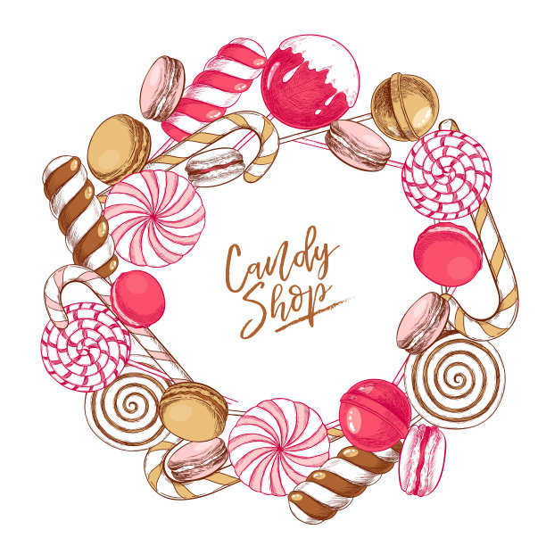 手绘一套糖果。扭焦糖棒棒糖，棒棒糖，马卡龙，甜甜圈。矢量食品标签模板。用于餐厅，菜单，派对装饰，传单，横幅。万圣节糖甜点。图片下载