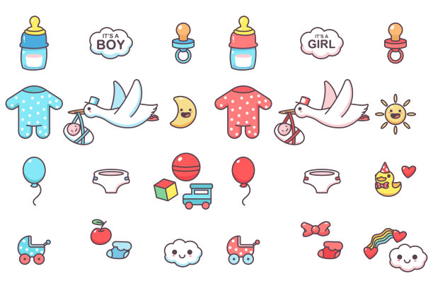 可爱的孩子元素，婴儿淋浴派对矢量卡通集孤立在白色背景。图片下载