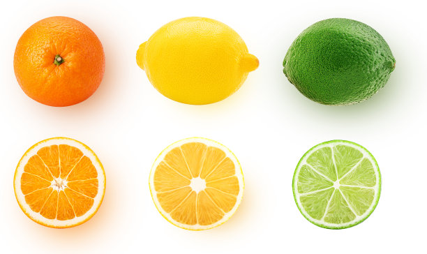 鲜橙，柠檬，青柠整块切成两半图片下载