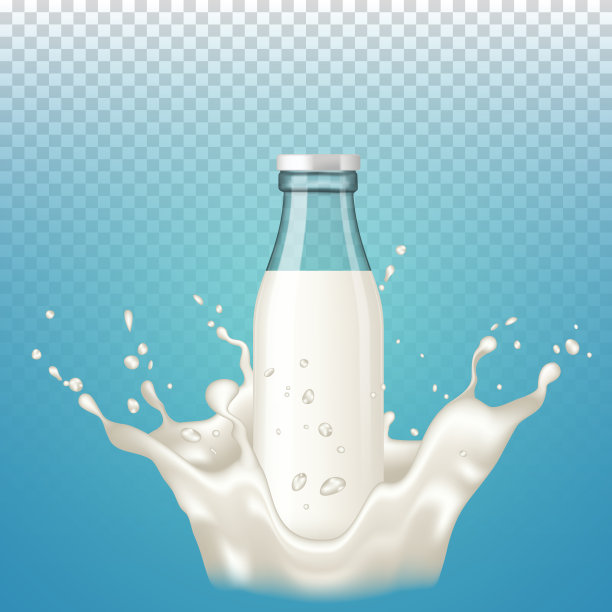 真实的牛奶喷溅与瓶子，孤立在透明的背景。图片下载