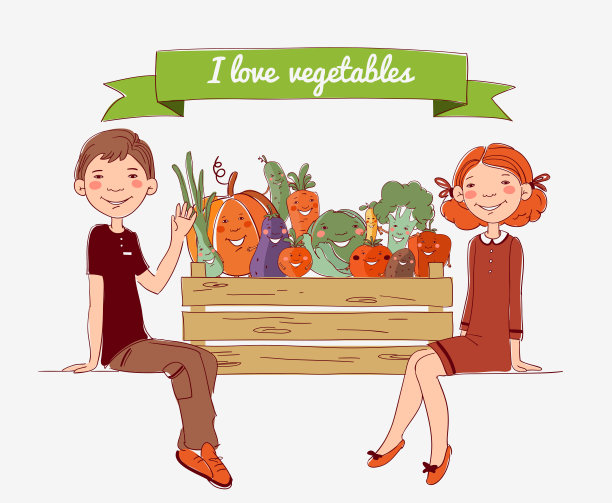 微笑的男孩和女孩带着一个装满新鲜蔬菜的木箱图片下载