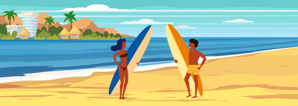 海滩冲浪情侣：度假村、热带风情海报图片下载