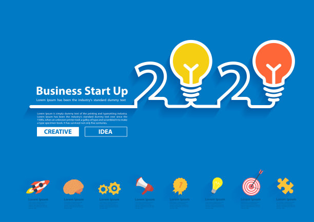 创意灯泡创意与2020年新年设计，灵感商业计划，营销策略，团队合作，头脑风暴的想法概念，矢量插图现代设计布局模板图片下载