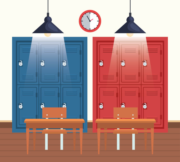教室里装有教育储物柜和课桌的时钟图片下载