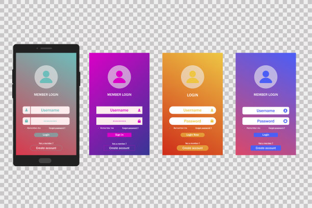 登录渐变屏幕模板。移动应用程序。注册账户。用户页面形式。图片下载