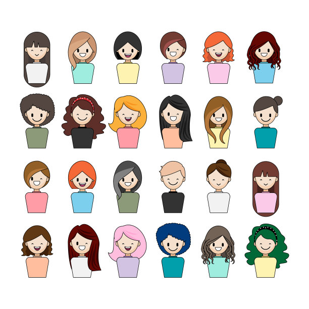 卡通人物与可爱的美女，收集多彩的头发和彩色的布料，平面图标设计矢量插图。图片下载