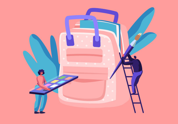 回到学校，教育理念与男性和女性角色放入配件背包。人们持有油漆和刷子，文具，绘画工具类，卡通平面矢量插图图片下载