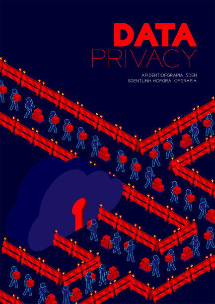 数据隐私概念，man象形图传输数据到等距云存储锁孔门和屏障插图海报和横幅设计隔离在蓝色背景，与复制空间图片下载