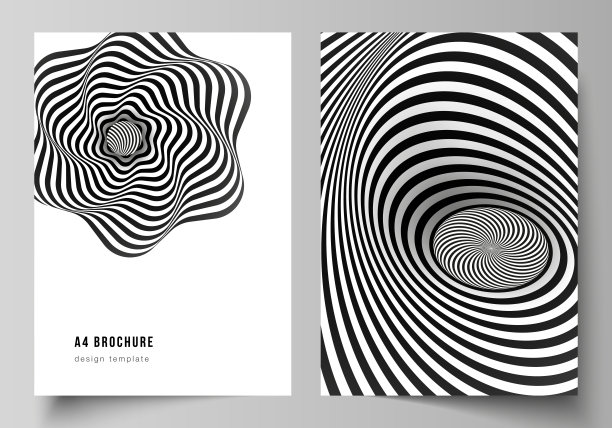 矢量布局A4格式现代封面模型设计模板的小册子，杂志，传单，小册子，报告。抽象三维几何背景与光学错觉黑白图案设计图片下载