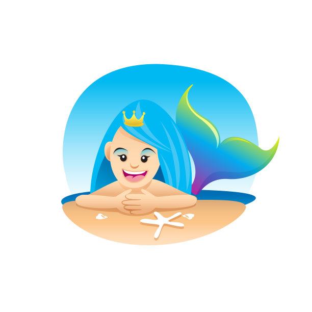 美人鱼卡通人物可爱孤立在白色的背景，美丽的美人鱼卡通人物可爱，剪辑艺术美人鱼蓝色可爱和有趣，剪纸美人鱼吉祥物卡通紫蓝色图片下载