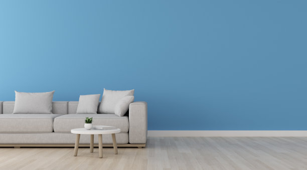 以极简风格的沙发和强化地板上的小边桌来观赏客厅。室内设计视角。3 d渲染。图片下载